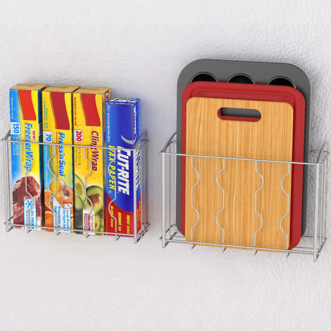 Two Pack Over The Cabinet Door Organizer Holder Set With Wall Mount Basket And Over The Door Shelf 13.5W X 4.25D X 9.25H And 12.5W X 3.6D X 9.25H Fits Inside Cabinets Or Over Doors Silver Finish Easy Install Space Saver For Real displaying foil boxes and cutting boards