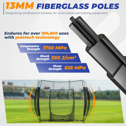 Close-up of 13mm fiberglass poles and 7 By 7 Ft Baseball And Softball Batting Net For Practice Hitting And Pitching on field.
