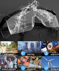 5 Pack Black Safety Goggles With Clear Anti Fog And Anti Scratch Lenses, shown with splash and dust protection visuals
