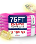 75Ft Heavy Duty Extension Cord Waterproof And Cold Resistant For Indoor Or Outdoor Jobsites A Beefy 15 Amp Three Prong Power Cable That Grinds Through Anything Without Breaking A Sweat In Neon Pink rolled up with plug visible.