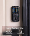 A100F Keypad Fingerprint Door Lock With Keyless Entry, rear view showing battery compartment with 4 AA batteries installed.