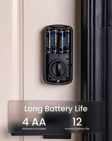 A100F Keypad Fingerprint Door Lock With Keyless Entry, rear view showing battery compartment with 4 AA batteries installed.