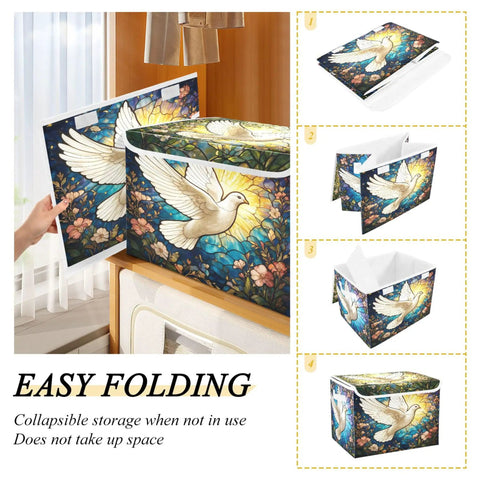 Premium White Fabric Storage Bins With Snap Shut Lids And Reinforced Carry Handles For Bedroom Closet Organization, demonstrated in a folding position.