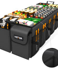 Foldable Trunk Organizer For SUVs And Sedans With Six Compartments And Mesh Pockets Keeps Groceries Tools And Sports Gear Neatly Tidy Durable Black Car Accessory That Shrugs Off Clutter And Fits Wide Trunk Spaces, packed with groceries and tools, close-up view
