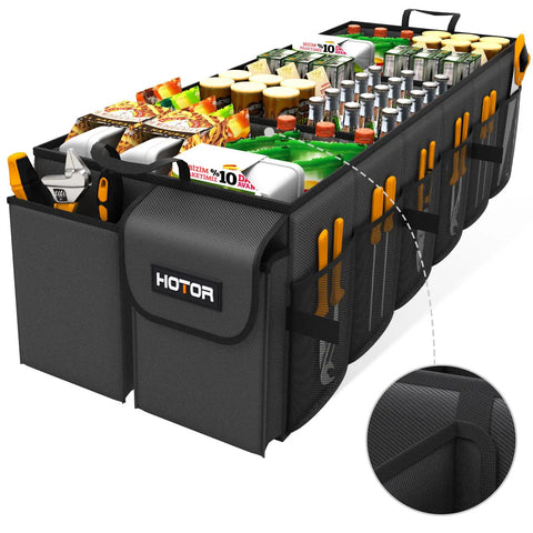 Foldable Trunk Organizer For SUVs And Sedans With Six Compartments And Mesh Pockets Keeps Groceries Tools And Sports Gear Neatly Tidy Durable Black Car Accessory That Shrugs Off Clutter And Fits Wide Trunk Spaces, packed with groceries and tools, close-up view
