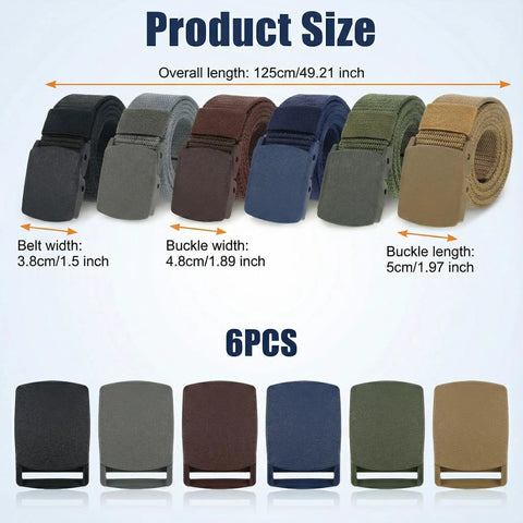 6 Pack Tactical Belt For Men With Heavy Duty POM Buckle Metal Free Nylon Web Belt 1.5 Inch Wide 49 Inch Long Color Variety