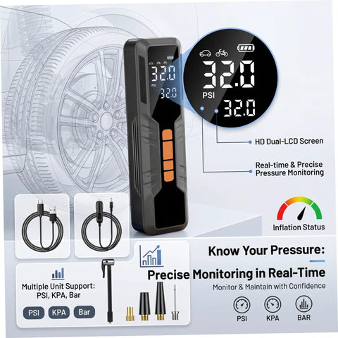 Portable Cordless Tire Inflator Air Compressor Dead Nuts Accurate Dual Digital Gauge Auto Shut Off 6000 Mah Battery showing HD dual-LCD screen for precise pressure.