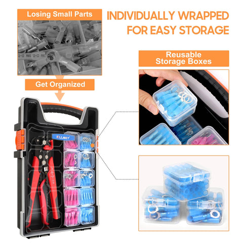 All In One Wire Crimping Kit With 340 Heat Shrink Connectors for automotive, marine, and electrical repairs, with storage boxes shown
