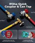 R134a quick coupler and can tap with high and low pressure valves, part of 110V 1 3rd HP 4CFM Single Stage Rotary Vane Vacuum Pump Kit.