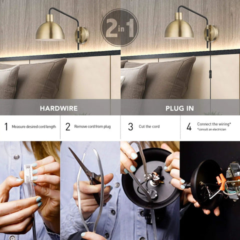 Step-by-step installation of Vintage Industrial 1 Light Wall Sconce Plug In Or Hardwire with antique brass and matte black accent.