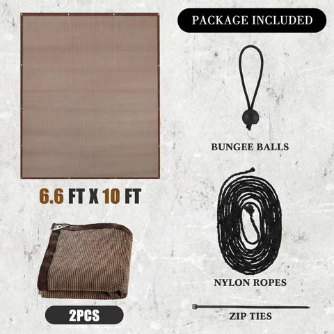 Twin Pack 90 Percent Sun Shade Cloth With Grommets Ten By Six Point Six Feet package including panels, ropes, ties, balls
