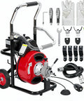 Professional Auto Feed Electric Drain Cleaner With A Beefy Motor And Flexible Three Eighths Inch Steel Sewer Snake Auger and accessories.