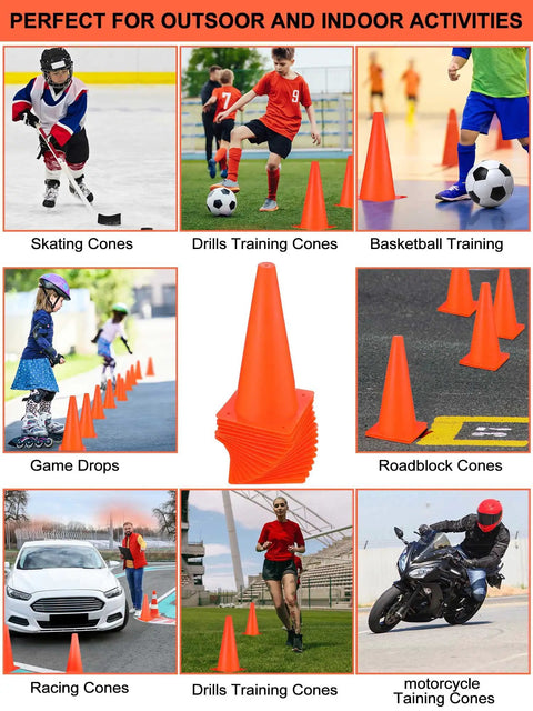 24 Piece 12 Inch Traffic Cone Set, Plastic Construction Safety Cones for Parking Lot, Sports Training, Road Traffic Control, Construction Caution, Outdoor Practice, Orange; various sports and training uses.