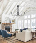 Matte Black Farmhouse Chandelier With Six Lights Modern Industrial Candle Pendant in bright living room setup