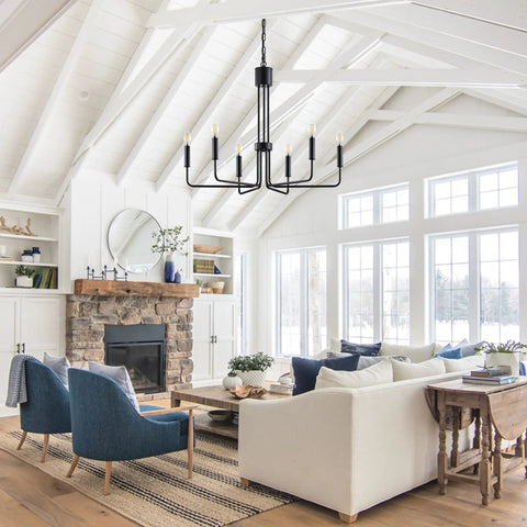 Matte Black Farmhouse Chandelier With Six Lights Modern Industrial Candle Pendant in bright living room setup