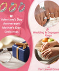 Collage of rings and occasions like Valentine's Day, anniversary, and wedding. Features engagement ring on gift box, and on hands.