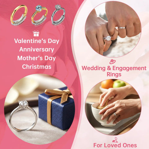 Collage of rings and occasions like Valentine's Day, anniversary, and wedding. Features engagement ring on gift box, and on hands.
