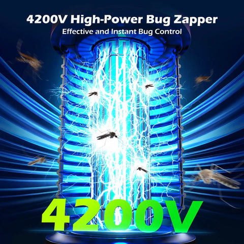 Cordless Outdoor Bug Zapper 4200V 5 In 1 Mosquito Killer With 5000mAh Battery displaying electric grid and blue light effect.