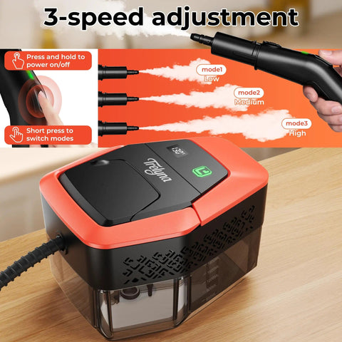 Heavy Duty 2500W Steam Cleaner With 1.9 Quart Tank And Four Bar High Pressure, showing 3-speed adjustment and controls