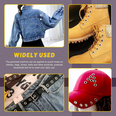 Products using Heavy Duty Hand Press Eyelet Grommet Machine Kit With Dies, 3000 Pcs Grommets In 3 Sizes, leather boots, denim jacket, red cap