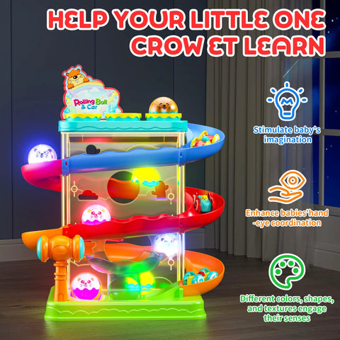 Two In One Rolling Ball And Car Ramp Race Track For Toddlers With Sensor Lights And Light Up Balls And Mini Cars A Totally Fun Montessori STEM Playset For Kids Ages 1 To 5 displayed on a colorful background.