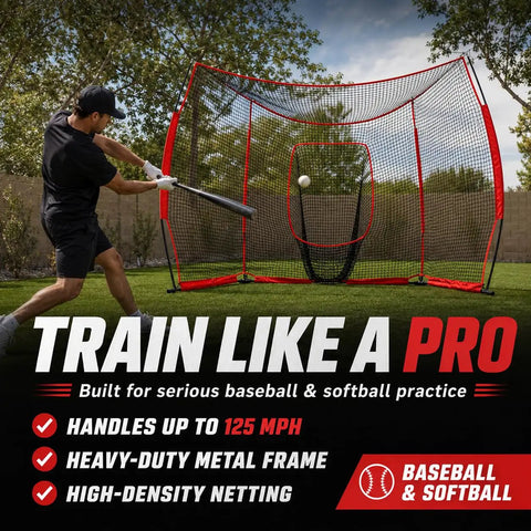 Portable Baseball Backstop Net With Batting Tee And Ball Caddy Collapsible Softball Batting Cage For Pitching Hitting And Backyard Practice Training Kit in action outdoors.