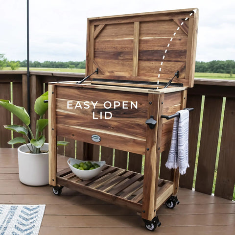 Acacia Wood Patio Cooler Made For Backyard Parties And Yard Barbecues, 100 Qt Capacity Ice Chest With Easy Open Lid shown on deck