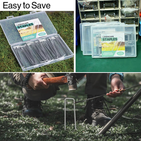 Heavy Duty 5 Inch Galvanized Landscape Staples Pack Of 80 for outdoor projects shown in packaging and in use.