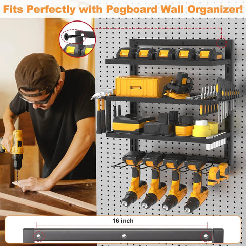 Heavy Duty Power Tool Organizer Wall Mount With Four Layer Storage Rack And Drill Holders Cordless Tool Shelf For Garage Workshop Metal Wall Mount Shelving Unit Pegboard Compatible With Side Screwdriver And Pliers Slots