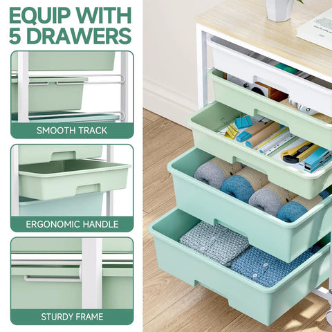 Truly Clutch Rolling Cart With Drawers Featuring Five Deep Slide Out Compartments In Classic Light Green Designed To Tackle Daily Clutter And Keep Your Belongings Securely Stashed And Totally Organized
