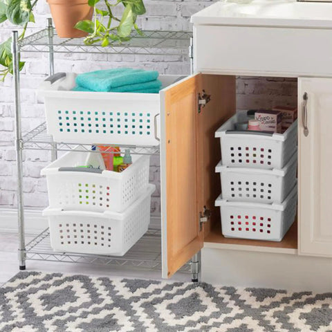 10 Pack Medium Stacking Baskets With Open Top For Grab And Go Storage White Plastic Crates in cabinet and on shelf