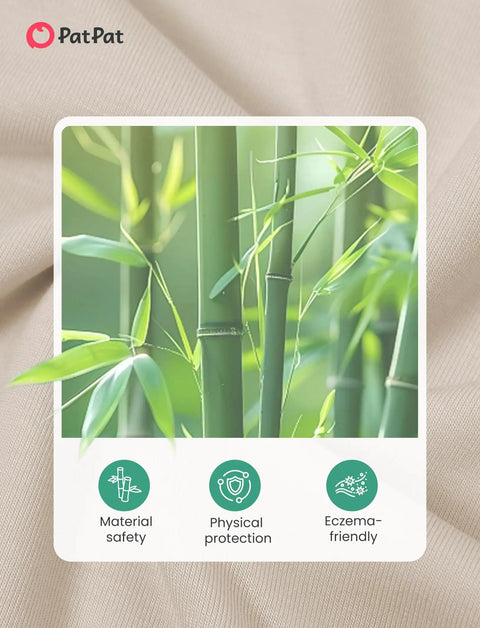 Bamboo Viscose Baby Sleep Sack 0.5 TOG Beige for 0-6 Months image with bamboo plant, safety, protection, and eczema-friendly icons