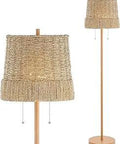 61-Inch Brown Wood Finish 2-Light Coastal Bohemian Iron and Rattan LED Floor Lamp with Rustic Seagrass Shade, Pull-Chains for Living Room