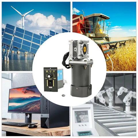 Built To Last Beefed Up Heavy Duty AC 110V 120W Worm Gear Motor With Speed Controller shown in industrial and automation contexts.