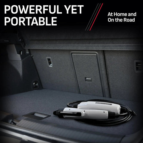 Go-To Portable Level 1 EV Charger For Home And On The Go 12 Amp At 120 Volt NEMA 5 15P Plug in car trunk with J1772 connector