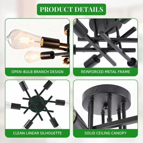 Product details of Six Arm Semi Flush Mount Ceiling Light Fixture Modern Black Sputnik Chandelier Lighting with E26 sockets