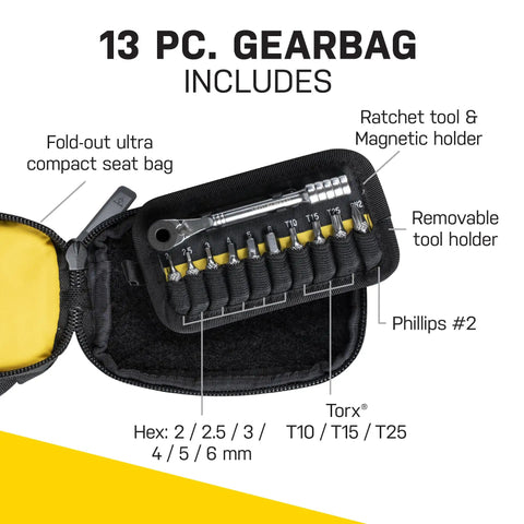 13-piece GearBag with ratchet tool and bits, part of Elementa GearBag Under-Seat Bike Bag With Dual Compartments Quick Access Rail Wing System