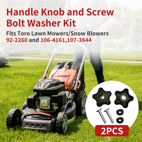 Handle Knob and Screw Bolt Washer Kit 2 Pack for Lawn Mowers and Snow Blowers DIY Repair Kit Includes Knobs Washers and Bolts Replaces Parts 92 2260 106 4161 107 3844, shown with lawn mower