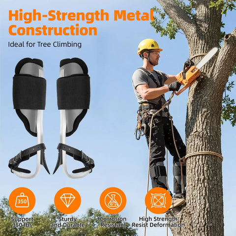 Heavy Duty Aluminum Tree Climbing Spikes With Straps And Covers, man climbing tree using spurs, 350 lb support, easy setup