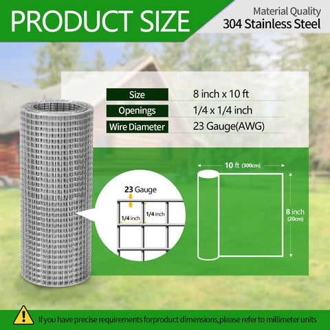 Dang Tough Quarter Inch Hardware Cloth Roll Made From Genuine 304 Stainless Steel featuring 8 inch x 10 ft dimensions and 23 gauge mesh.