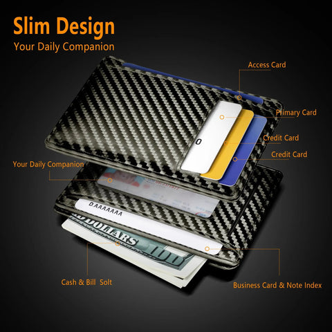 Front Pocket Minimalist Leather Wallet With RFID Blocking Carbon Fiber Texture Ultra Slim 0.12 Inch Thick Black Card Holder with cards