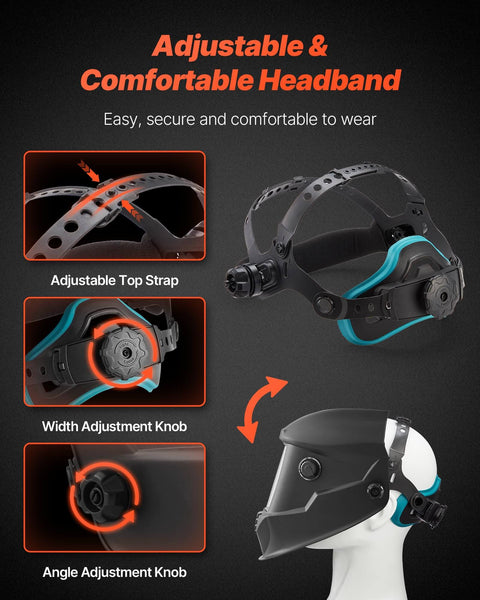 Side view of Auto Darkening Welding Helmet Pro Grade With True Color Large Viewing Screen Solar Powered Welder Mask with adjustable headband.