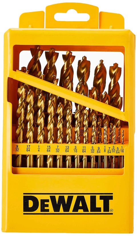 Titanium Nitride Coated Drill Bit Set With Pilot Point, 29-Piece, Includes 1/16 To 1/2 Inch Bits In Durable Carry Case, No Spin Shanks, Tapered Web For Extra Durability, Clean Starter Holes, Long-Lasting Performance