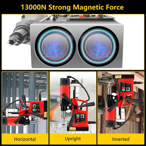 Powerful 1400W Magnetic Drill Press With 2 Inch Boring Capacity And 810 RPM showcasing its strong 13000N magnetic force and various positions.