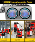 Heavy Duty Magnetic Drill Press Featuring Beefy 1650 Watt Motor And Rock Solid Electromagnetic Grip For Smooth One Point Six Inch Steel Core Drilling On Job Sites with strong magnetic force.