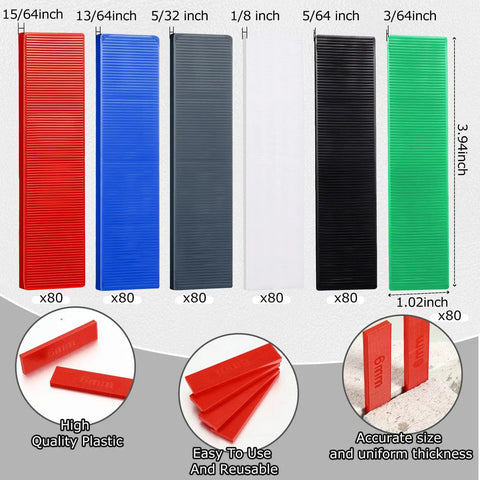 Heavy Duty Plastic Tile Spacers Leveling Wedges 480 Pcs Assorted Sizes For Smooth Tile Layouts in various colors and sizes.