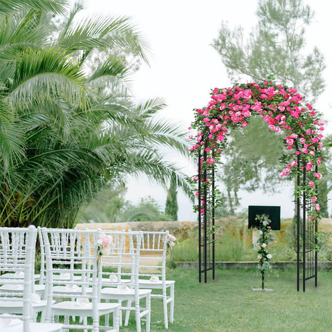 88 Inch Steel Garden Arch Arbor Trellis For Climbing Plants Outdoor Yard Garden Black Metal Lattice Arch Perfect For Weddings Backdrops And Patio Decor Go To Yard Art amid chairs and lush greenery