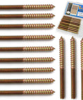12 Pack 1/4 20 X 3 Inch Hanger Bolts For Furniture, Double Ended Wood Dowel Screws shown in packaging and laid out in a row.