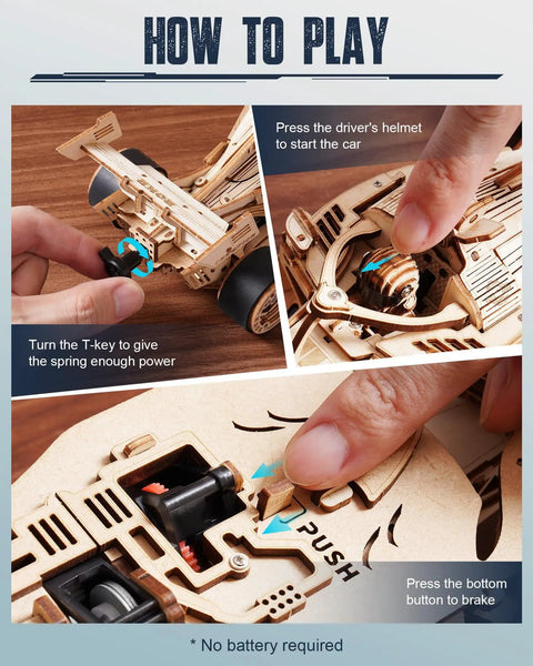 Close-up of assembly instructions for the 1 To 18 Scale Formula Racing Car Puzzle Kit For Adults, showcasing wind-up parts usage.