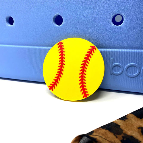 Softball Ball Tote Bag Charm With Team Spirit, Durable Decorative Accessory for Bogg Bags, yellow with red stitching, clip-on